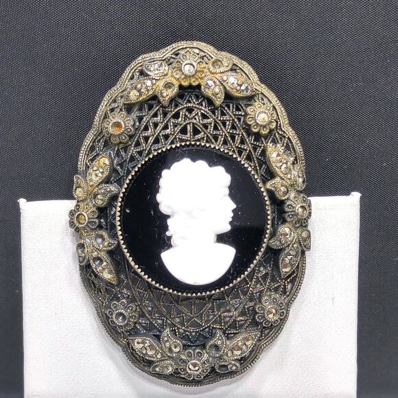 Vintage Antique Glass Cameo Marcasite Brooch, Oval Filigree Back, 2 1/2 Inches - Picture 10 of 10
